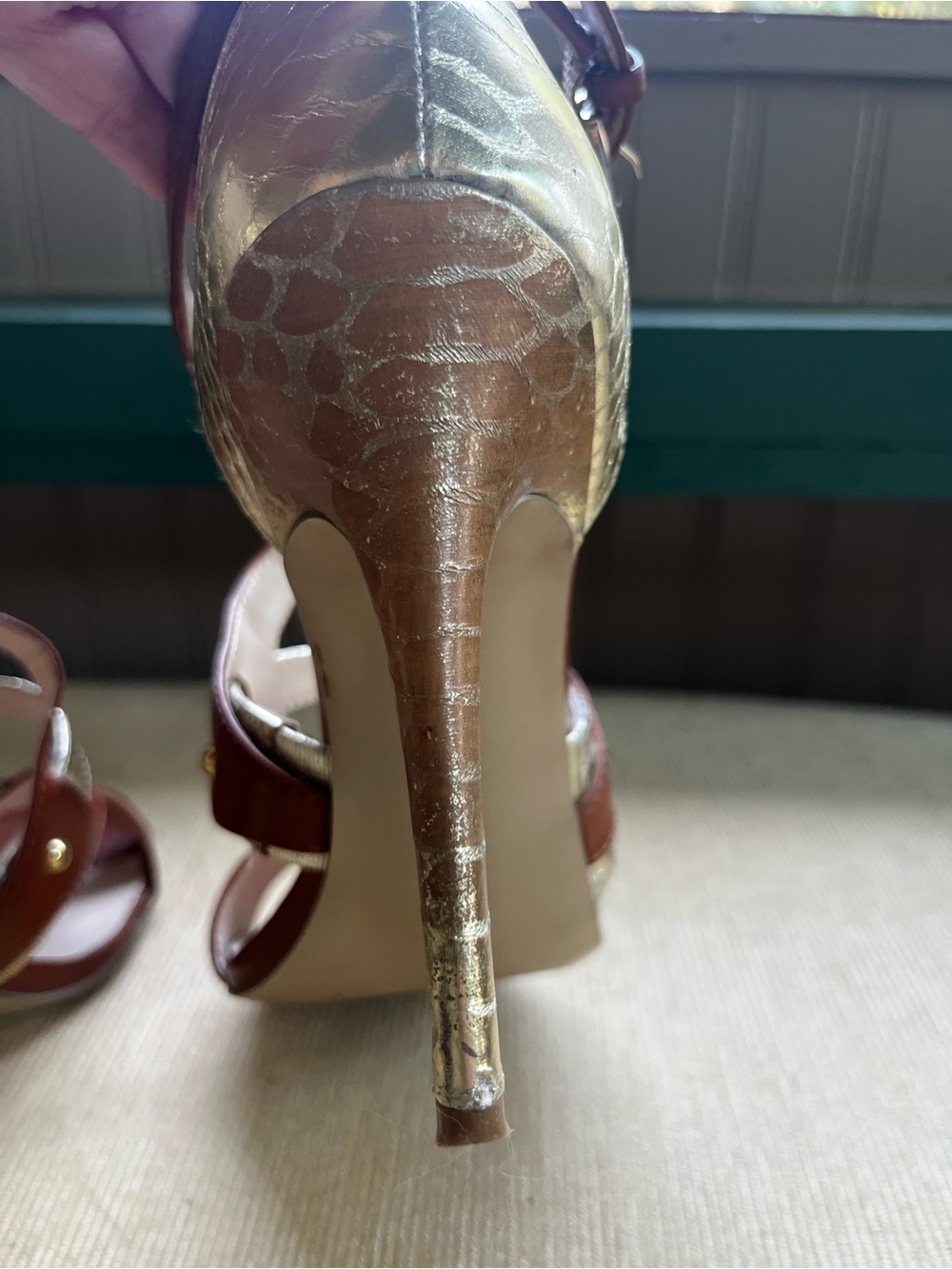 Women’s Brown Leather Strappy Heeled Sandals with Gold Accent - Picture 4 of 9